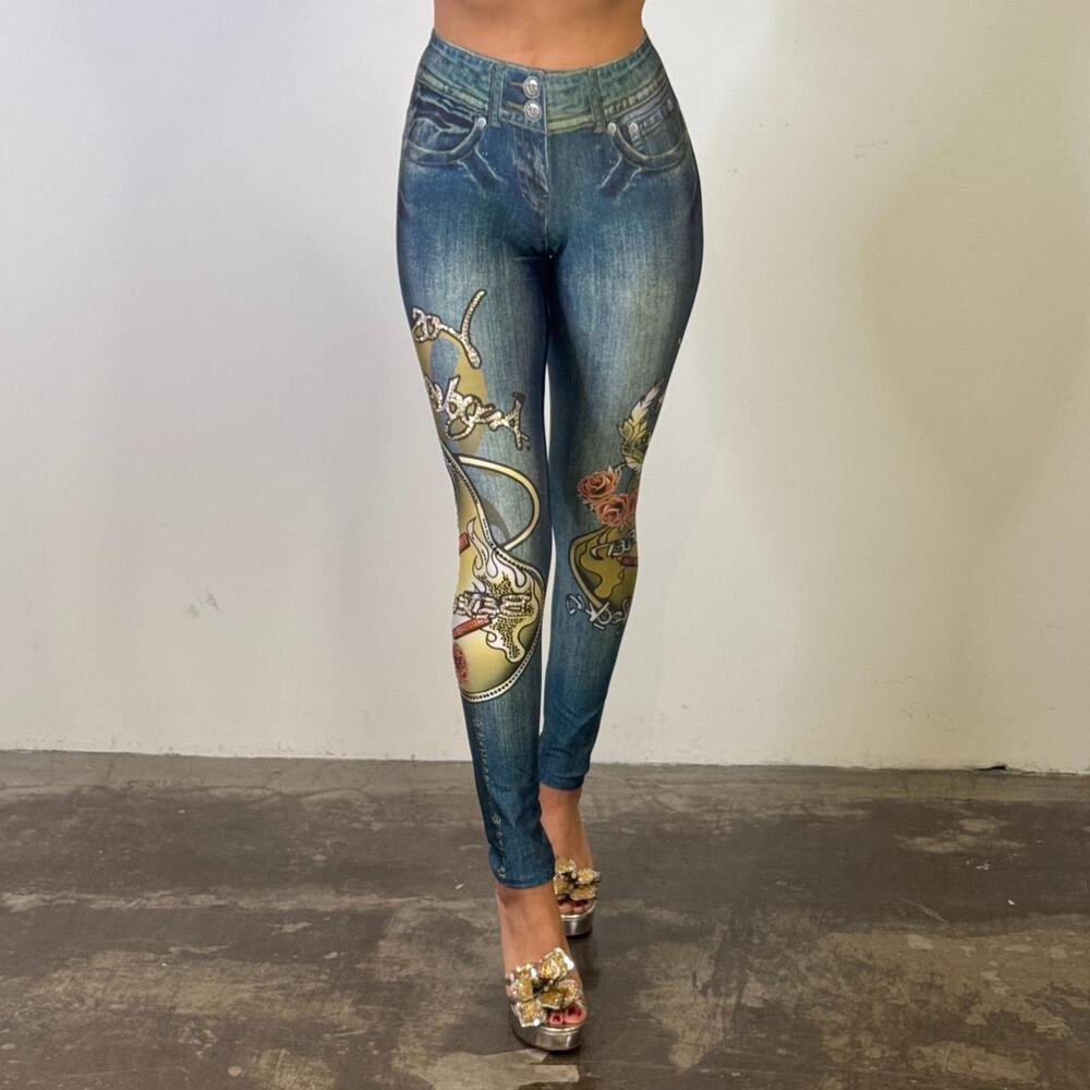 Blue Printed Jeggings with Swarovski Rhinestones